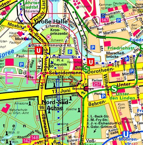 Umgebung des Reichstages mit den beiden U-Bahntunneln und schematische Darstellung der Nord-Süd-Achsen-Planung.